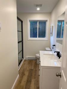 a bathroom with a sink and a toilet and two windows at Barry's Bay Golf Resort in Barrys Bay