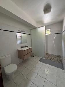 a bathroom with a toilet and a shower and a sink at Villa Mare Café ROG in Le Gosier