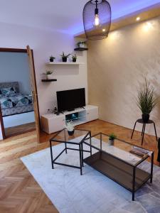 a living room with a tv and a table at Apartman Stay 23 with Free parking in Smederevo +3 photos