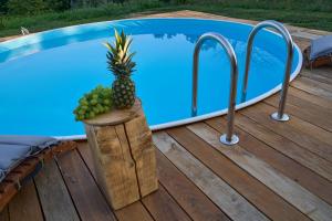 Eine Ananas, die auf einem Tisch neben einem Swimmingpool liegt. in der Unterkunft Shi-lu in Vurot