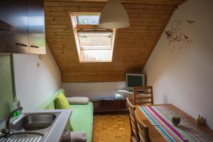 eine Küche mit Spüle und Tisch in einem Zimmer in der Unterkunft Apartments & Rooms Smučka in Kranjska Gora
