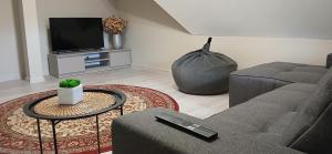 a living room with a couch and a tv at Villa by the Baltic Sea in Palanga