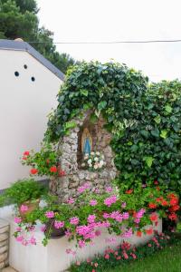 a garden with flowers and a window on a building at Apartments Hortensia in Pula