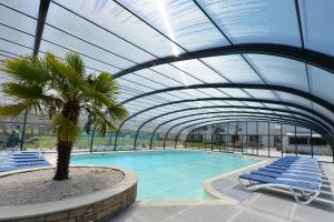 a pool with chairs and a palm tree in a building at Hôtel du Golf Saint-Laurent in Ploemel