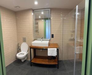 a bathroom with a sink and a toilet and a shower at Tsiskari Cottages in Sadmeli