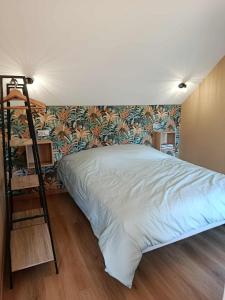 a bedroom with a bed with a ladder next to it at La boutique des Roches in Mondeville