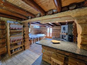 Duży pokój z kuchnią w drewnianym domku w obiekcie Chalet SPA Le Royal Nathalie MN La rouge w mieście La Bresse