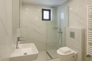 a bathroom with a shower and a toilet and a sink at Andriana's 3-Bedroom Countryside Retreat in Pandokrátor