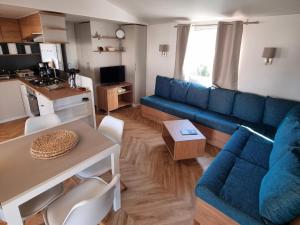 レージュ・キャップ・フェレにあるLa cabane oceaneの青いソファとテーブルのあるリビングルーム