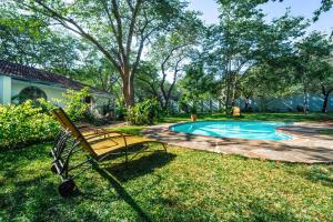 a bench sitting in the grass next to a swimming pool at Zimbara in Victoria Falls