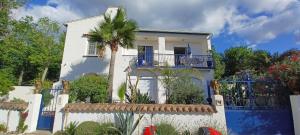 a white house with a palm tree in front of it at Appartement avec jardin et spa in Valras-Plage