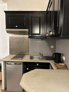 a kitchen with black cabinets and a sink at Studio dans le vieil Antibes in Antibes