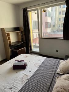 a bedroom with a bed and a large window at Varna Cathedral Apartments in Varna City