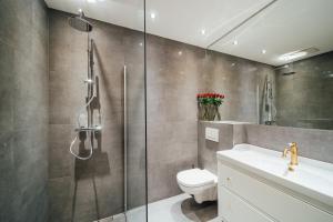 Un baño con ducha, inodoro y lavabo. en Maria und Joseph Apartments, en Innsbruck