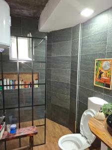 a bathroom with a toilet and a glass shower at Park Apartment in Foča
