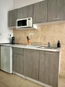 a kitchen with a sink and a microwave at Cozy apartment near hockey & football arena in Trnávka