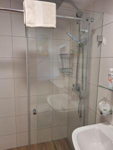 a shower with a glass door next to a sink at Appartement Simone in Imst