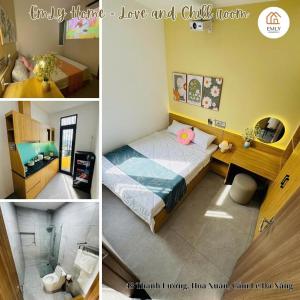 drie foto's van een slaapkamer met een bed en een bureau bij Emly Home Stay Đà Nẵng in Da Nang