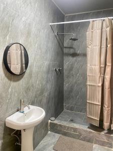 a bathroom with a sink and a shower with a mirror at Forest Views Haven - Flat 2 in Solwezi