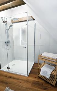 a glass shower in a room with a wooden floor at Willa Muszelka - Apartamenty in Świnoujście +30 photos