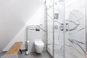 Un baño con inodoro y ducha de cristal. en Le Paradis de Lucile, vue de rêve, Giverny 10 minutes, en La Roche-Guyon