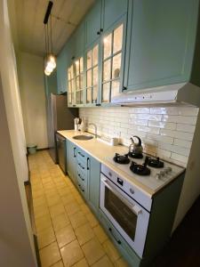 a kitchen with blue cabinets and a stove and sink at Wonderwood Borjomi Provencal in Borjomi +17 photos