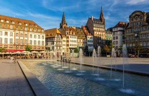 a fountain in the middle of a city with buildings at La Meinau in Strasbourg