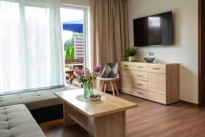 Un televizor și/sau centru de divertisment la Holiday home Ūdensrozes