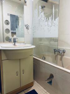 レ・ペンヌ・ミラボーにあるTriplex cosy au cœur du villageの洗面台、シャワー、浴槽を備えたバスルーム