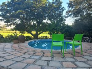 two green chairs sitting next to a small pool at La Rochelle in Wellington