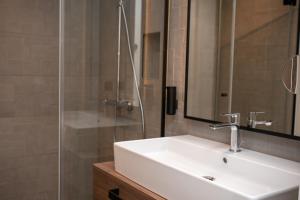 a bathroom with a sink and a shower at Schäfle Feldkirch-Altenstadt in Feldkirch