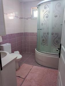 a bathroom with a shower and a toilet and a sink at Begonvil Butik Apart in Eceabat