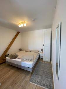 a bedroom with a bed and a rug in a room at Storchennest, FeWo auf Resthof am NOK, mit Sauna in Steenfeld +14 photos