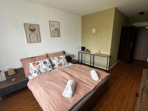 a bedroom with a bed with pillows and a clock at Penzión Kocka in Hnúšťa +15 photos