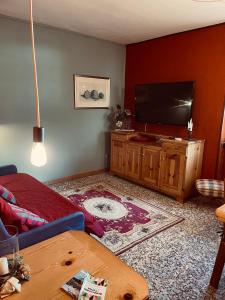 Una sala de estar con un sofá y un televisor. en Cà Nòno - Vista Mozzafiato sulle montagne, en Schilpario