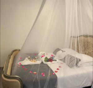 a bed with a canopy with hearts on it at CARCASSONNE Studio avec Jacuzzi y piscina in Carcassonne
