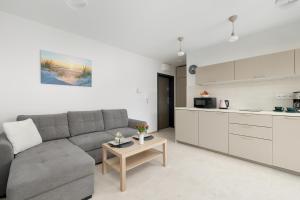 un soggiorno con divano grigio e una cucina di Eleganckie Apartamenty Blisko Plaży w Niechorzu z Klimatyzacją w Salonie i Parkingiem by Noclegi Renters a Niechorze