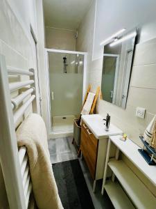 a bathroom with a sink and a mirror at T2 avec beaucoup de cachet in Saint-Quentin