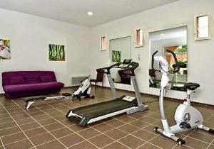 a gym with cardio equipment and a purple couch at Villa Bacchus in Saint-Christol