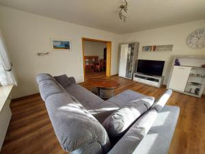 a living room with a gray couch and a television at Ferienwohnung Felsenblick in Albstadt