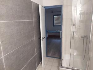 baño con ducha a ras de suelo y puerta de cristal en Villa Malazzo, en Balatongyörök