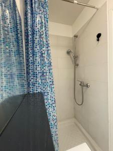 a bathroom with a shower with a shower curtain at Appartement 3 pers, métro direct in Aubervilliers