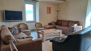 a living room with leather furniture and a flat screen tv at Le Mas de Jacquet in Saint-Izaire