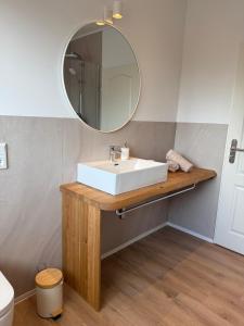 a bathroom with a white sink and a mirror at Ildiz Ferienwohnungen in Wiefelstede +44 photos