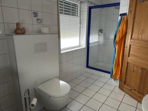 a white bathroom with a toilet and a shower at Möwennest in Krummhörn