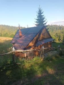 a log cabin with a metal roof at Terenowka Bacowka in Waksmund
