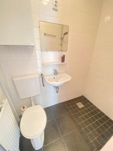 a bathroom with a toilet and a sink at Relaxed home at the center of Utrecht! in Utrecht