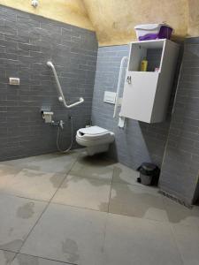 a bathroom with a toilet and a blue tile wall at Suite Les Trois Arches Djamila in Kairouan
