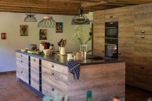 a kitchen with wooden cabinets and a counter top at Au Bois Dormant gîte 15 personnes in Lapoutroie