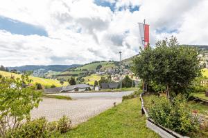 a winding road in a town with a flag on a hill at Ferienwohnungen Kehrwieder in Todtnauberg